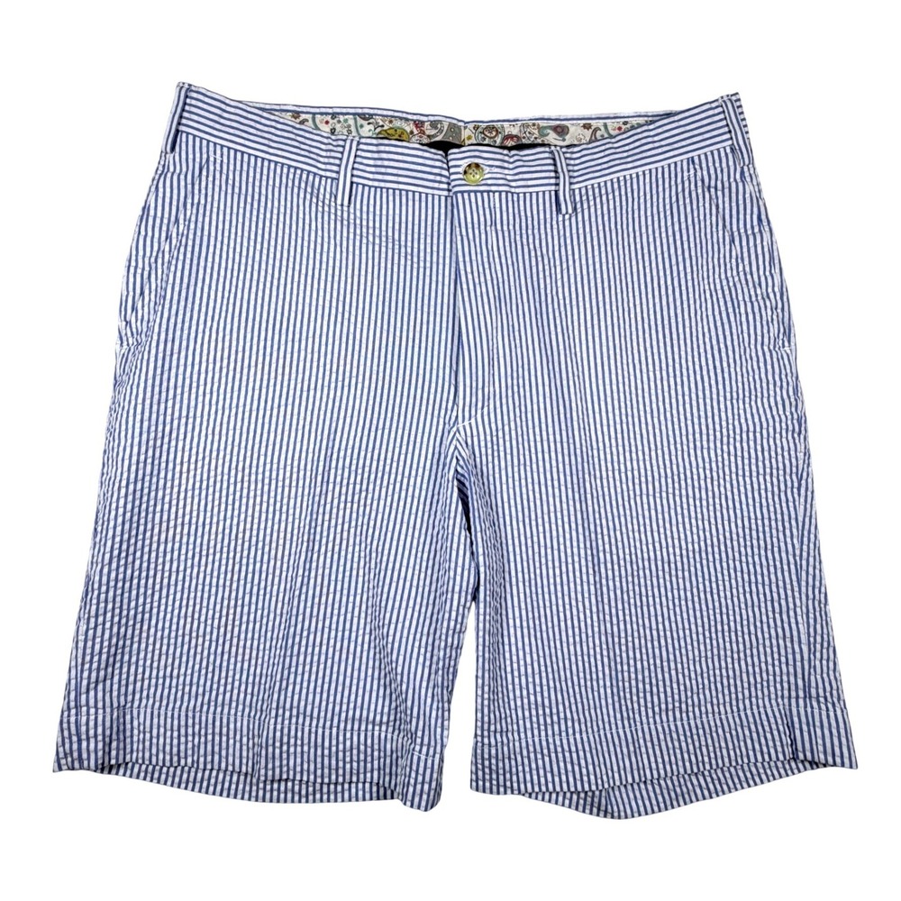 Berle Mens‎ Blue White Striped Seersucker Shorts Paisley Trim Size 36 Preppy 9in